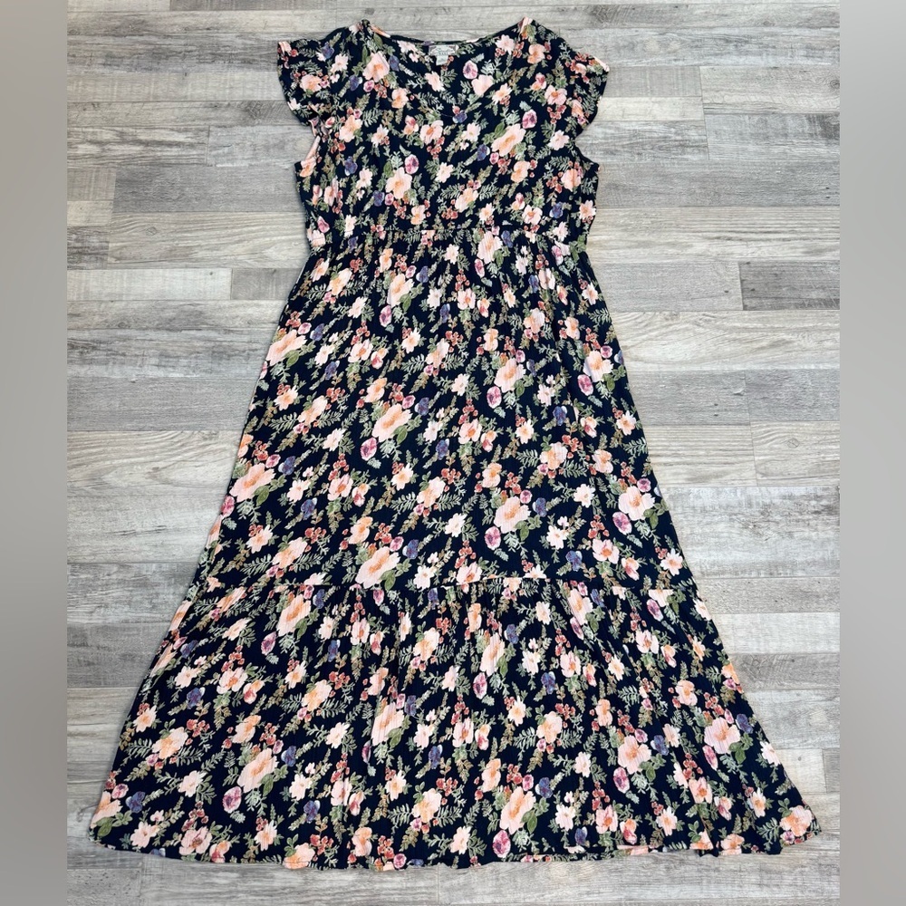 Studio West navy floral flutter sleeve maxi dress tiered elastic waist XL P45